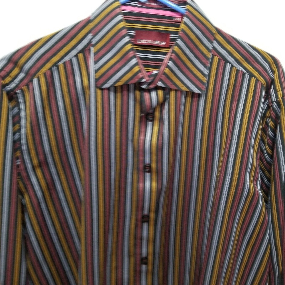 Men Dress Shirt Excalibur Black Size 44 Long Sleeve Button Up Striped
